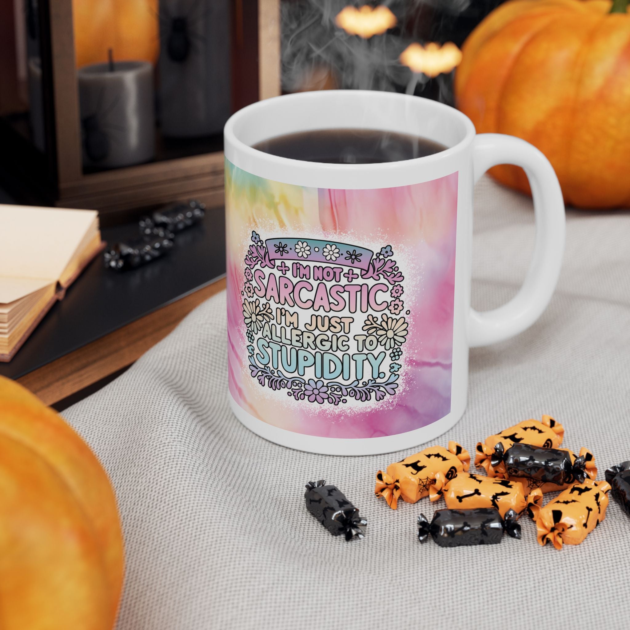 Funny Sarcastic Coffee Mug – “I’m Not Sarcastic, I’m Just Allergic to Stupidity” Quote – Colourful Tie‑Dye Ceramic Cup