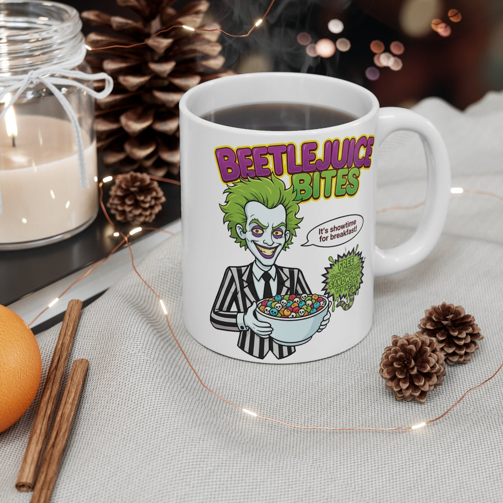 Beetlejuice Bites Breakfast Cereal Mug – Funny Beetlejuice Coffee Cup, Horror Movie Fan Gift