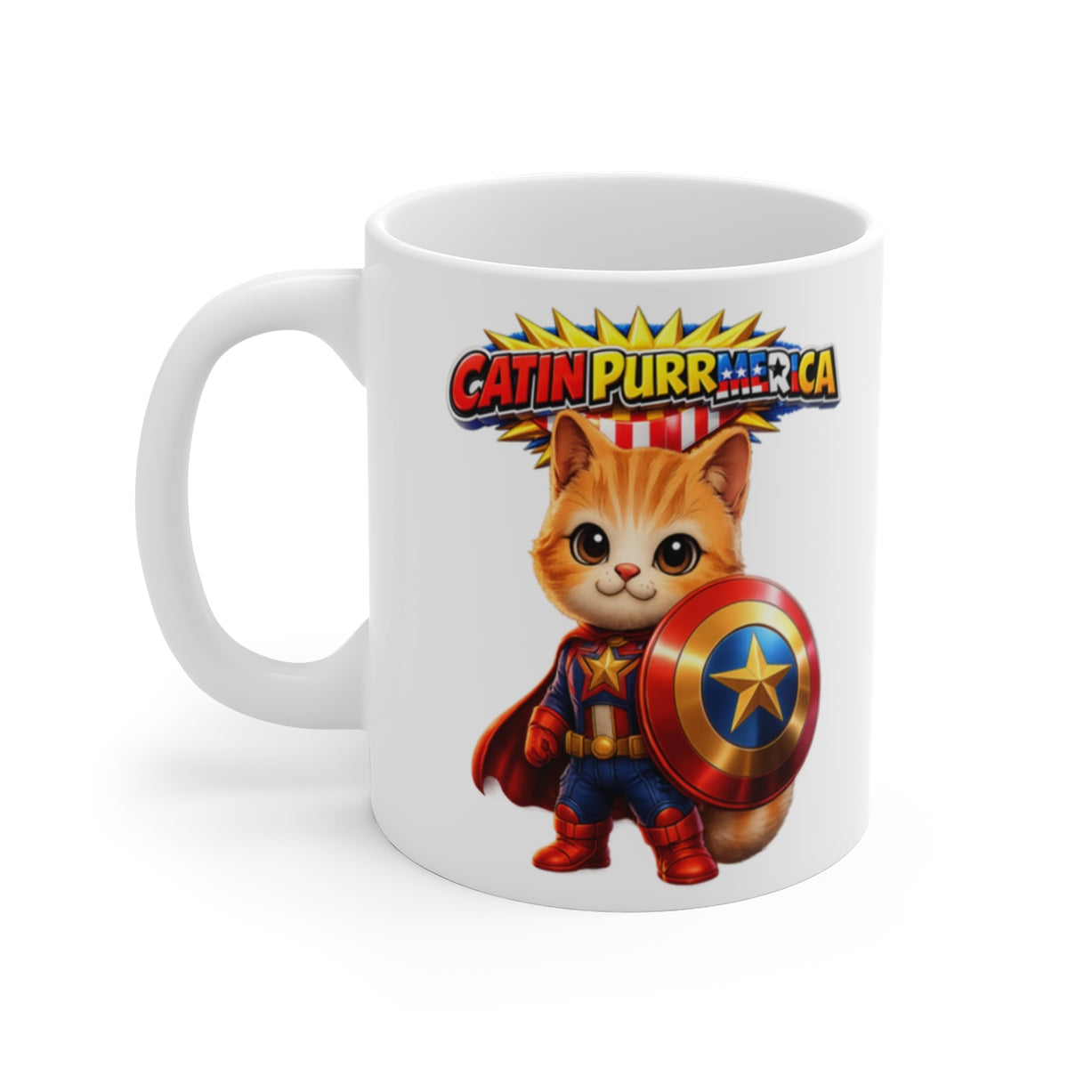 Catin Purrmerica Superhero Cat Mug – Cute Patriotic Coffee Cup – Funny Gift for Cat Lovers