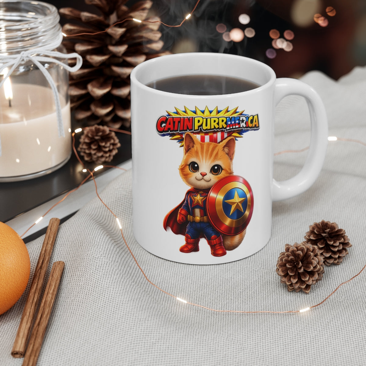 Catin Purrmerica Superhero Cat Mug – Cute Patriotic Coffee Cup – Funny Gift for Cat Lovers