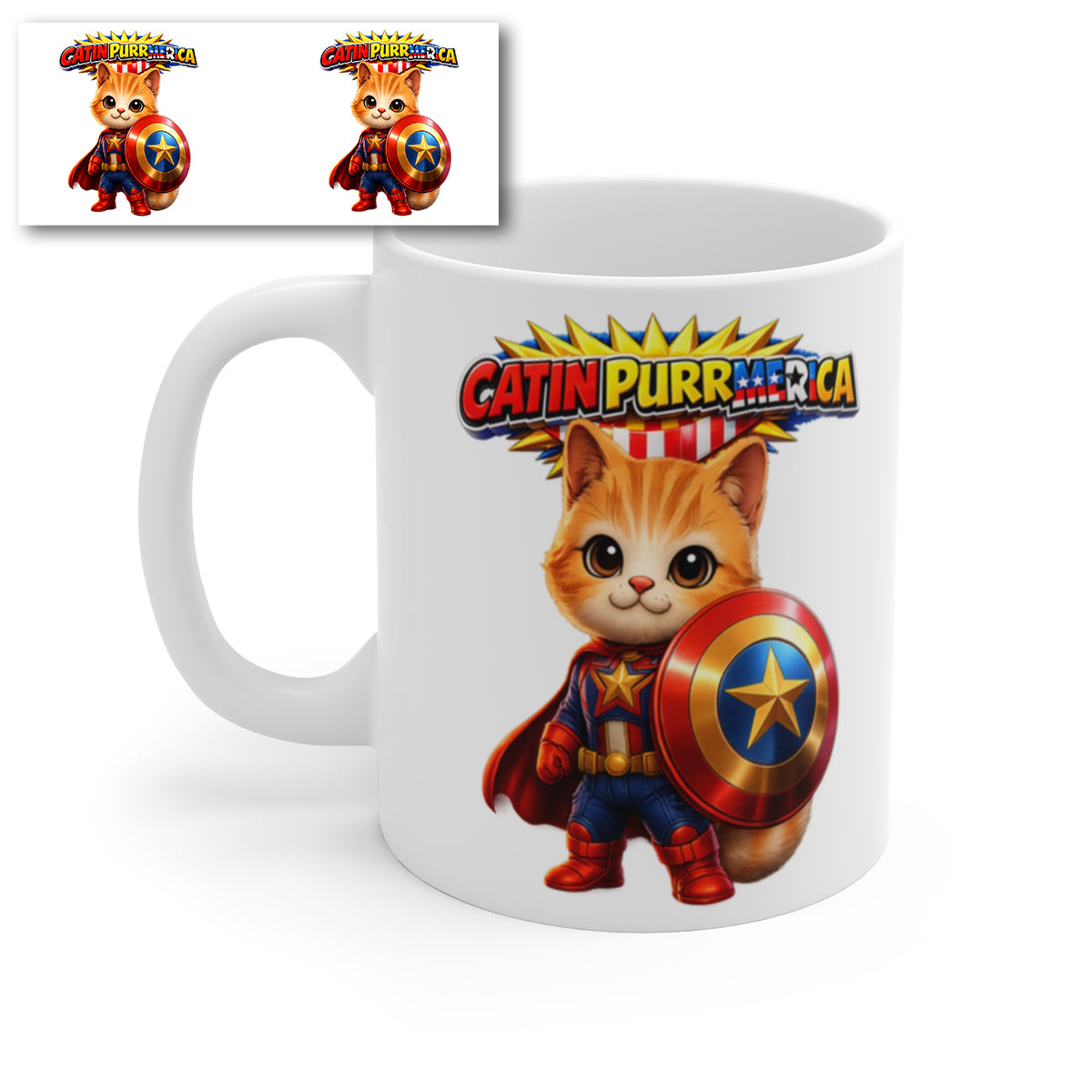 Catin Purrmerica Superhero Cat Mug – Cute Patriotic Coffee Cup – Funny Gift for Cat Lovers