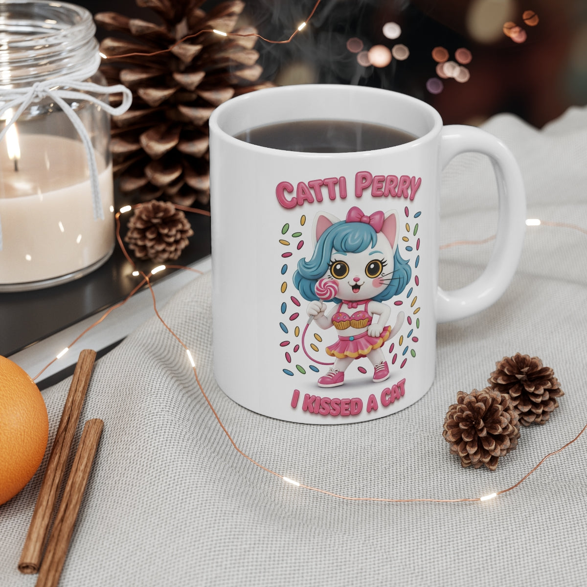 Catti Perry “I Kissed A Cat” Cute Cat Mug – Funny Pop Parody Coffee Cup – Kawaii Kitty Gift for Cat Lovers