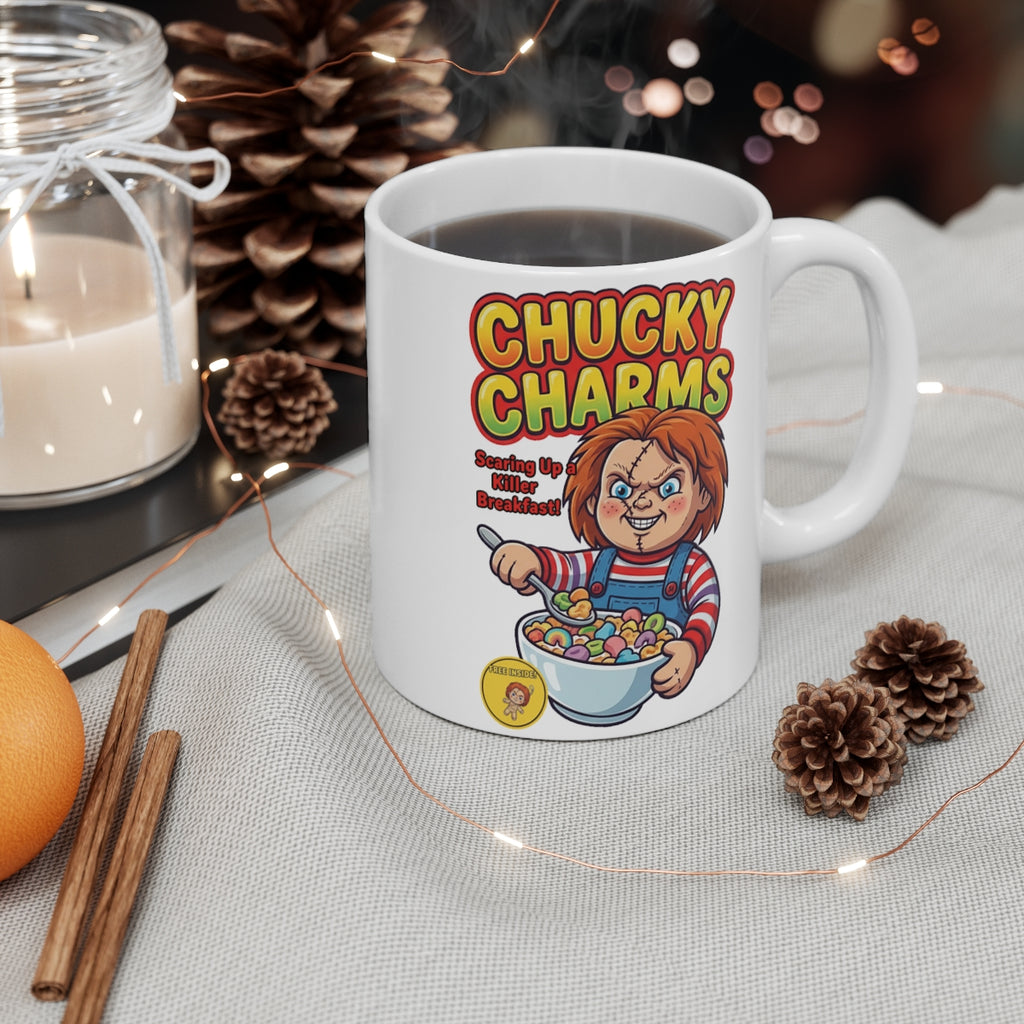Chucky Charms Horror Coffee Mug – Killer Cereal Parody Cup for Horror Movie Fans