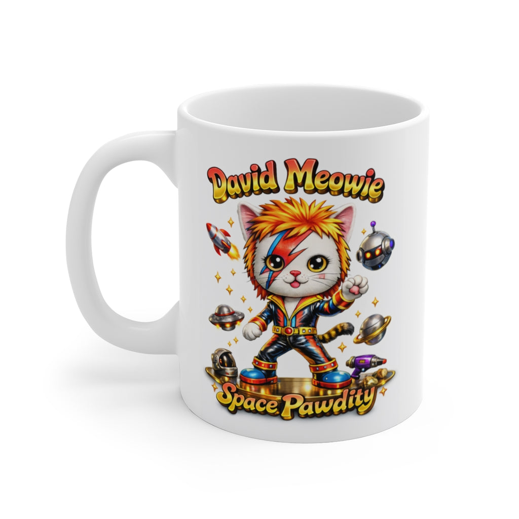 David Meowie Space Pawdity Funny Cat Mug – Cute Space Cat Coffee Mug, Parody Music Cat Gift, Cartoon Cat Tea Cup