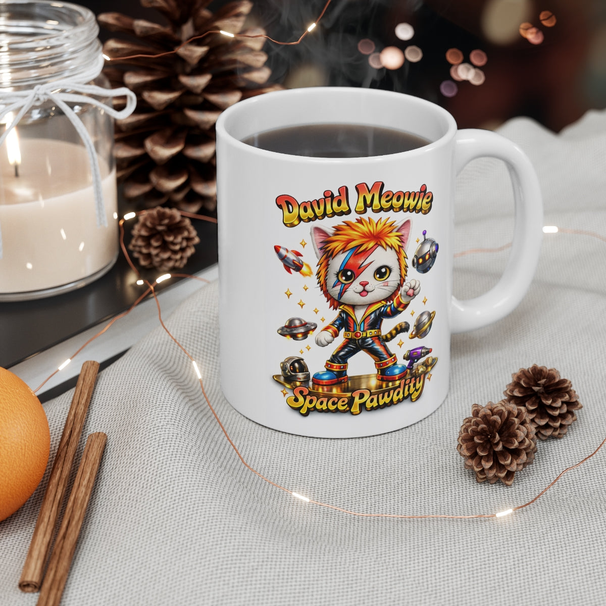 David Meowie Space Pawdity Funny Cat Mug – Cute Space Cat Coffee Mug, Parody Music Cat Gift, Cartoon Cat Tea Cup