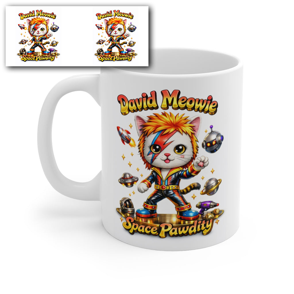 David Meowie Space Pawdity Funny Cat Mug – Cute Space Cat Coffee Mug, Parody Music Cat Gift, Cartoon Cat Tea Cup