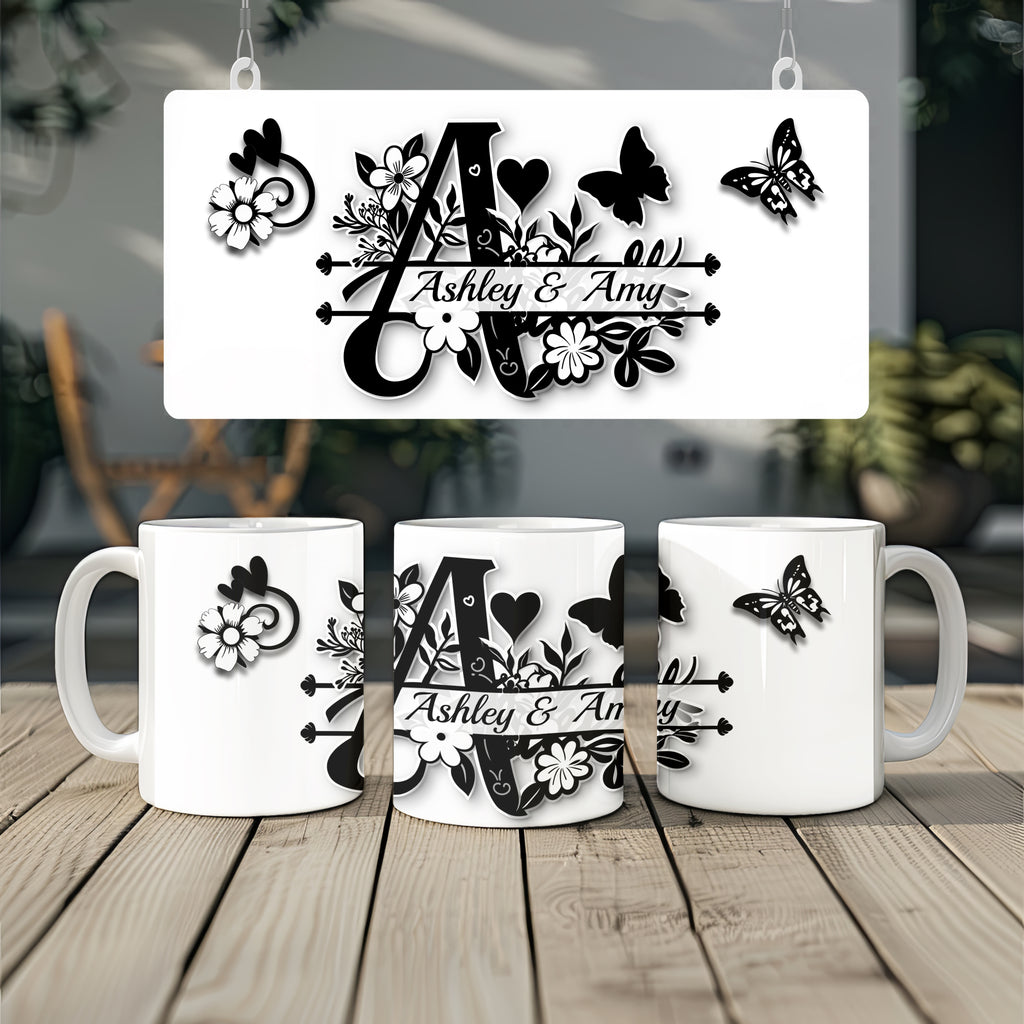 Elegant Floral Monogram Mug – Personalized Black and White Flower Coffee Cup Gift for Women