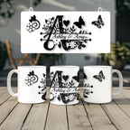 Elegant Floral Monogram Mug – Personalized Black and White Flower Coffee Cup Gift for Women