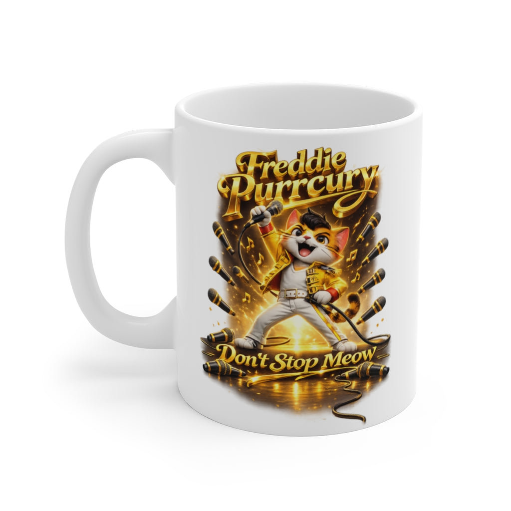 Freddie Purrcury Funny Cat Mug – Don’t Stop Meow Cute Rock Cat Coffee Mug, Parody Music Cat Gift, Cartoon Cat Tea Cup