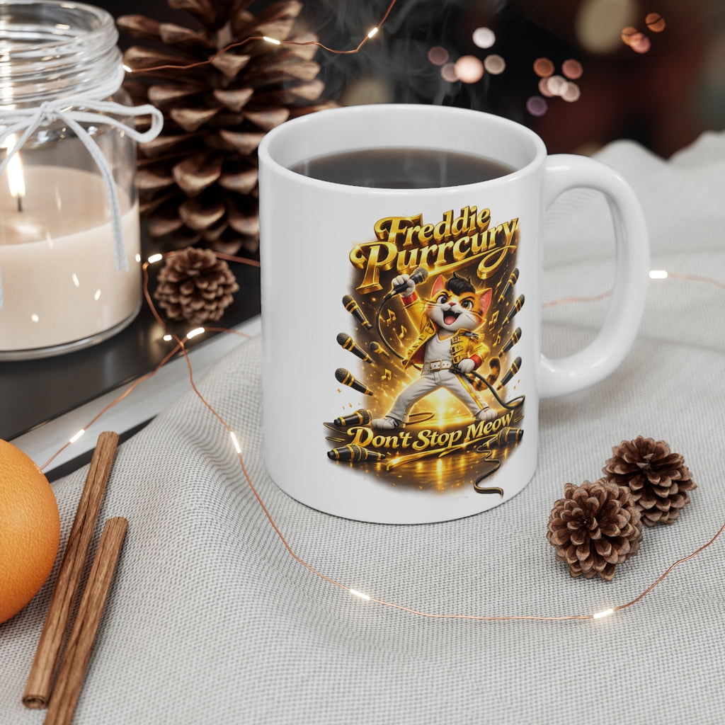 Freddie Purrcury Funny Cat Mug – Don’t Stop Meow Cute Rock Cat Coffee Mug, Parody Music Cat Gift, Cartoon Cat Tea Cup