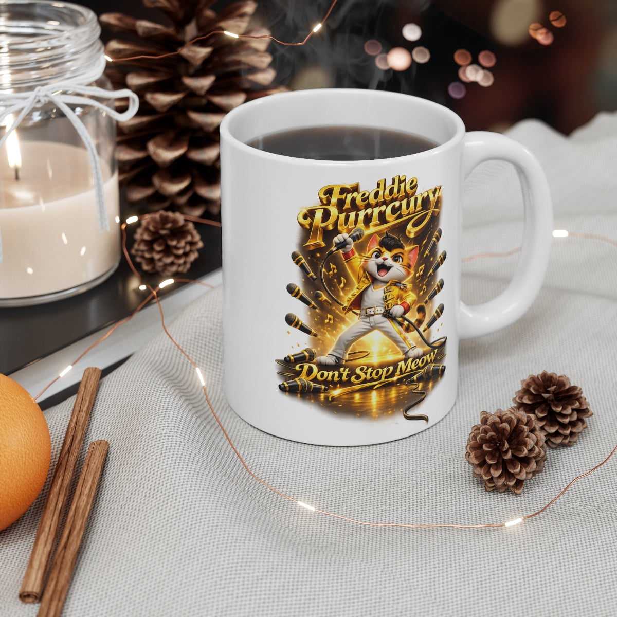 Freddie Purrcury Funny Cat Mug – Don’t Stop Meow Cute Rock Cat Coffee Mug, Parody Music Cat Gift, Cartoon Cat Tea Cup