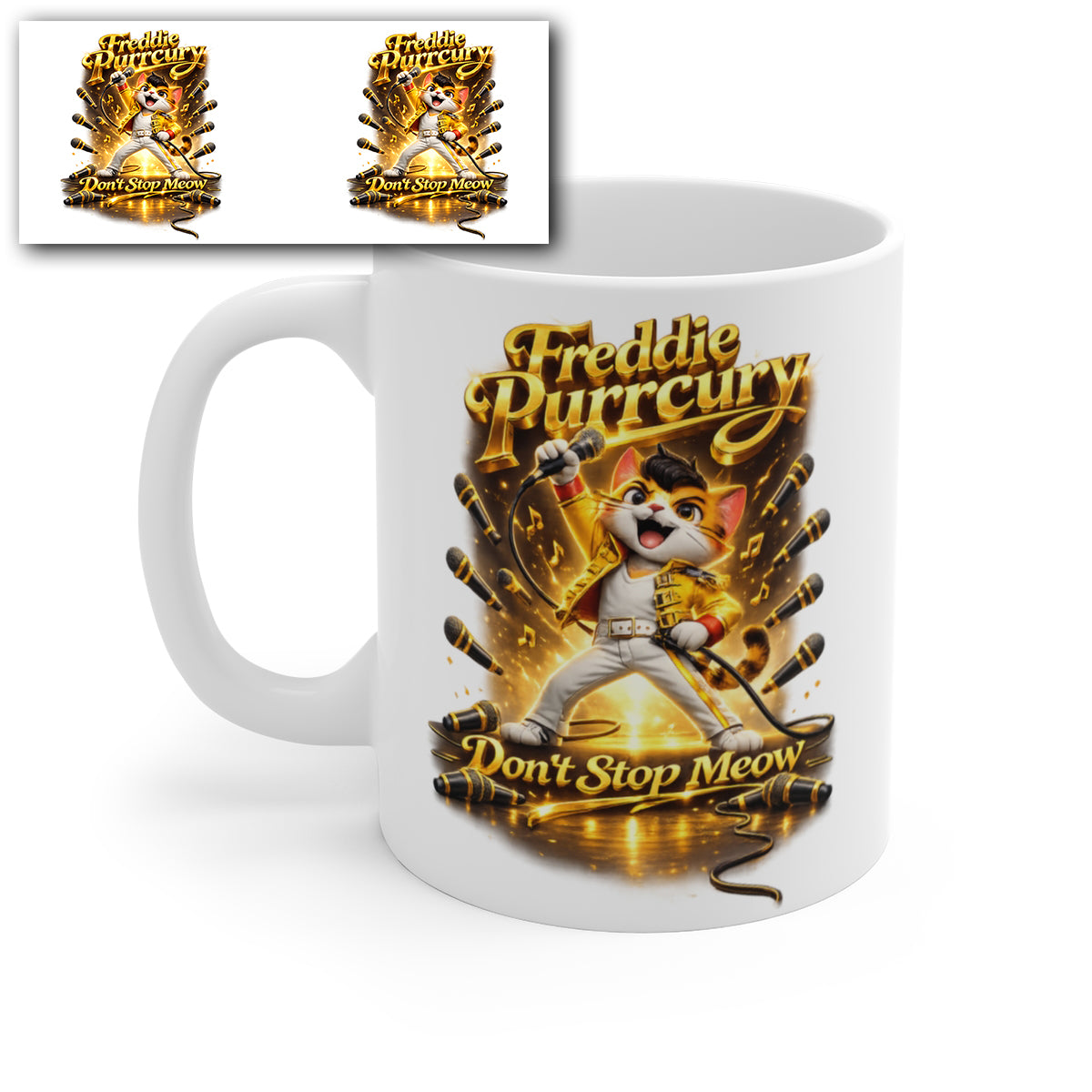 Freddie Purrcury Funny Cat Mug – Don’t Stop Meow Cute Rock Cat Coffee Mug, Parody Music Cat Gift, Cartoon Cat Tea Cup