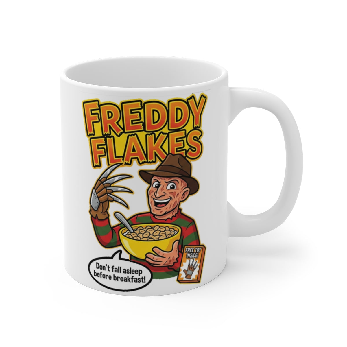 Freddy Flakes Horror Cereal Mug – Funny Nightmare Parody Coffee Cup for Horror Movie Fans