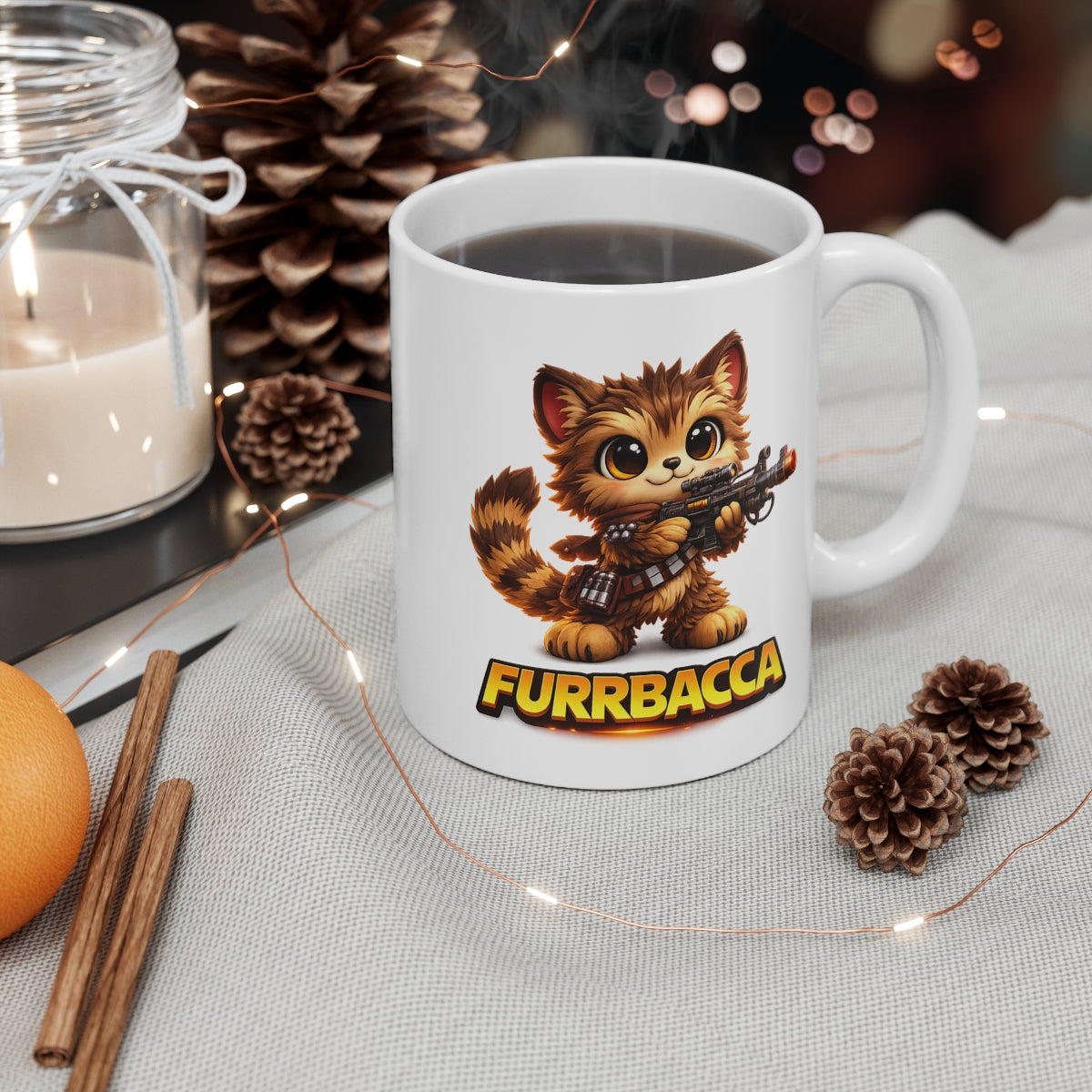 Furrbacca Funny Cat Mug – Cute Space Warrior Kitten Coffee Cup – Sci-Fi Inspired Novelty Gift for Cat Lovers