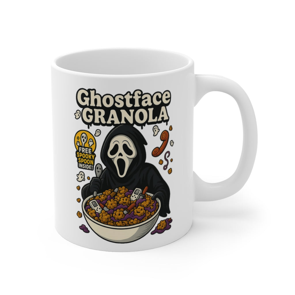 Ghostface Granola Horror Parody Mug – Funny Scary Movie Cereal Coffee Cup – Halloween Ceramic Novelty Gift