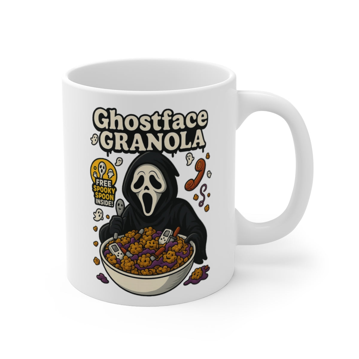 Ghostface Granola Horror Parody Mug – Funny Scary Movie Cereal Coffee Cup – Halloween Ceramic Novelty Gift