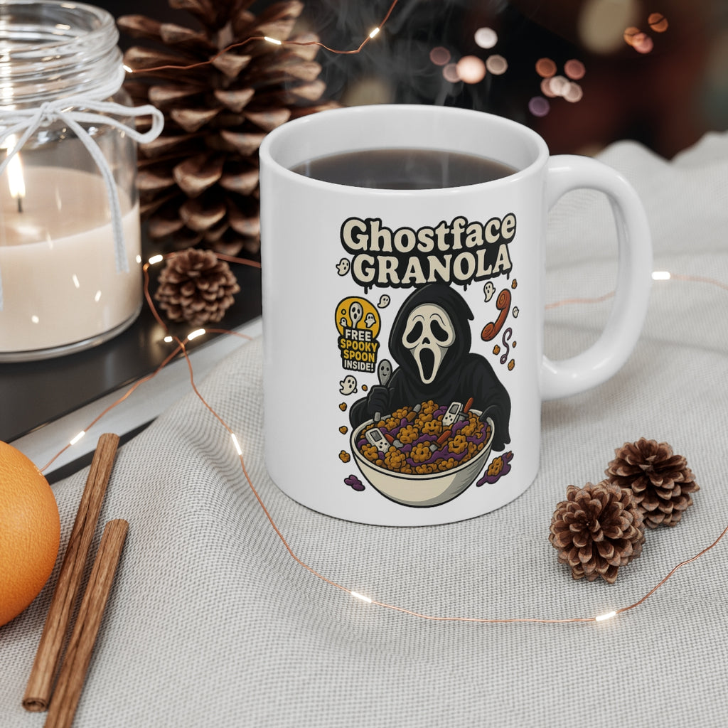 Ghostface Granola Horror Parody Mug – Funny Scary Movie Cereal Coffee Cup – Halloween Ceramic Novelty Gift