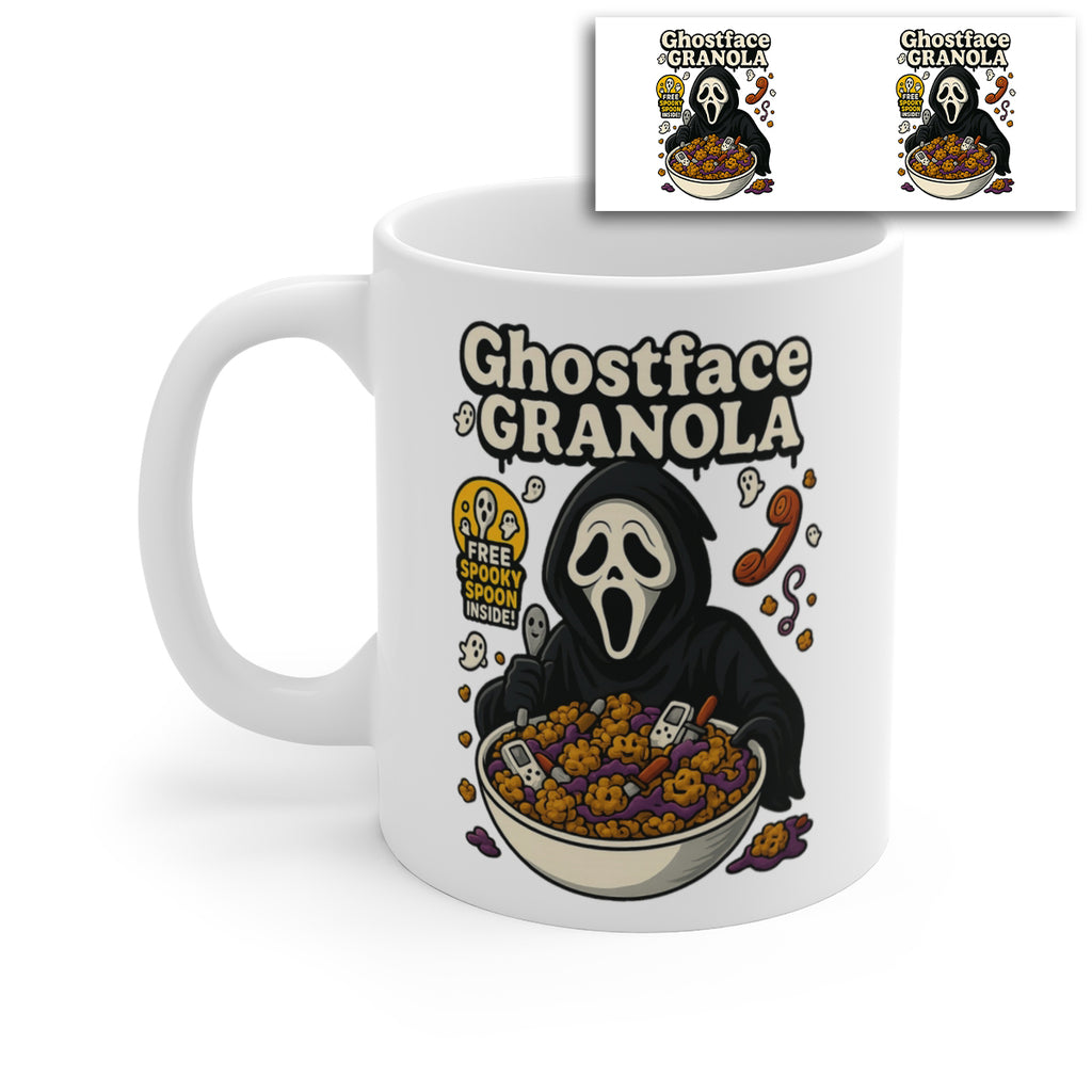 Ghostface Granola Horror Parody Mug – Funny Scary Movie Cereal Coffee Cup – Halloween Ceramic Novelty Gift
