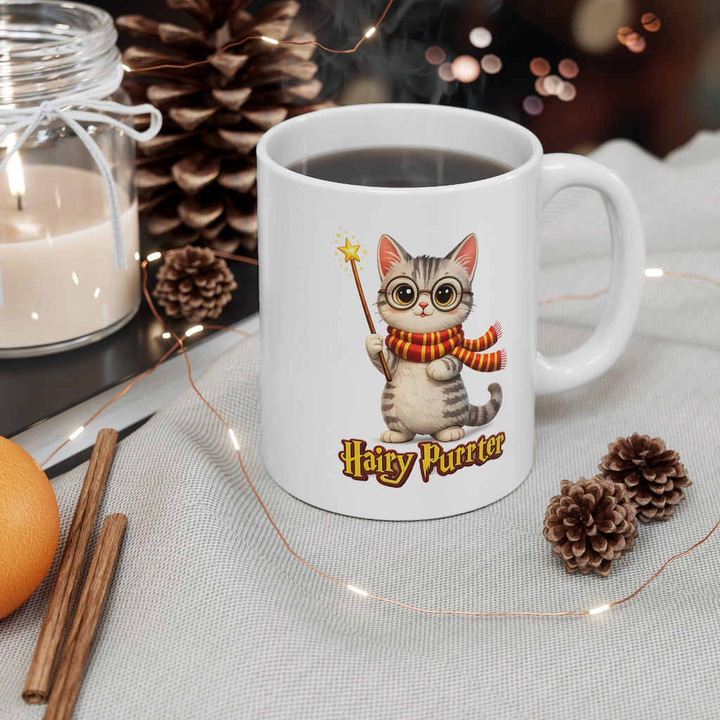 Hairy Purrter Cat Wizard Mug – Cute Magical Cat Coffee Cup – Funny Wizard Kitty Ceramic Mug Gift