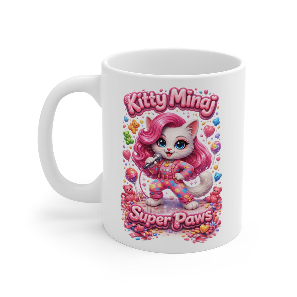 Kitty Minaj Super Paws Funny Cat Mug – Cute Pop Star Parody Coffee Mug, Kawaii Cartoon Cat Tea Cup Gift for Cat Lovers