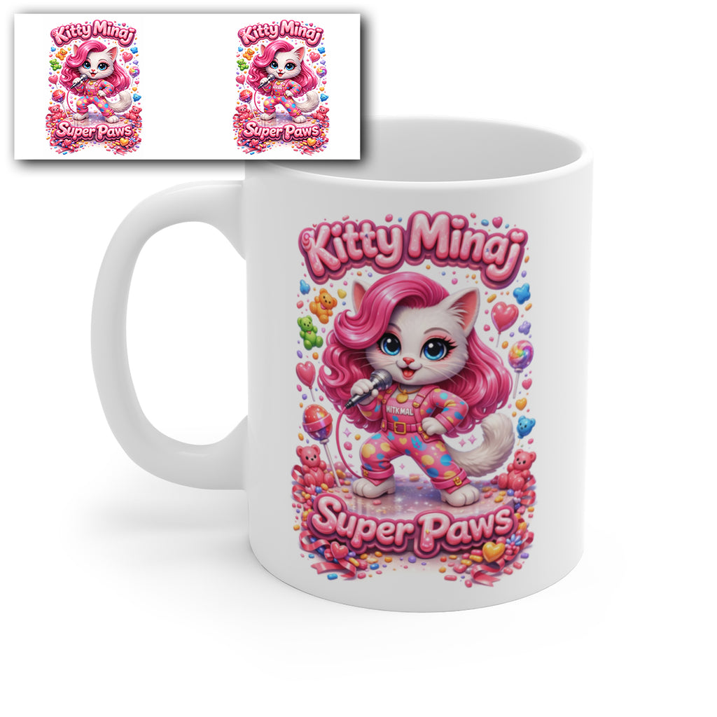 Kitty Minaj Super Paws Funny Cat Mug – Cute Pop Star Parody Coffee Mug, Kawaii Cartoon Cat Tea Cup Gift for Cat Lovers