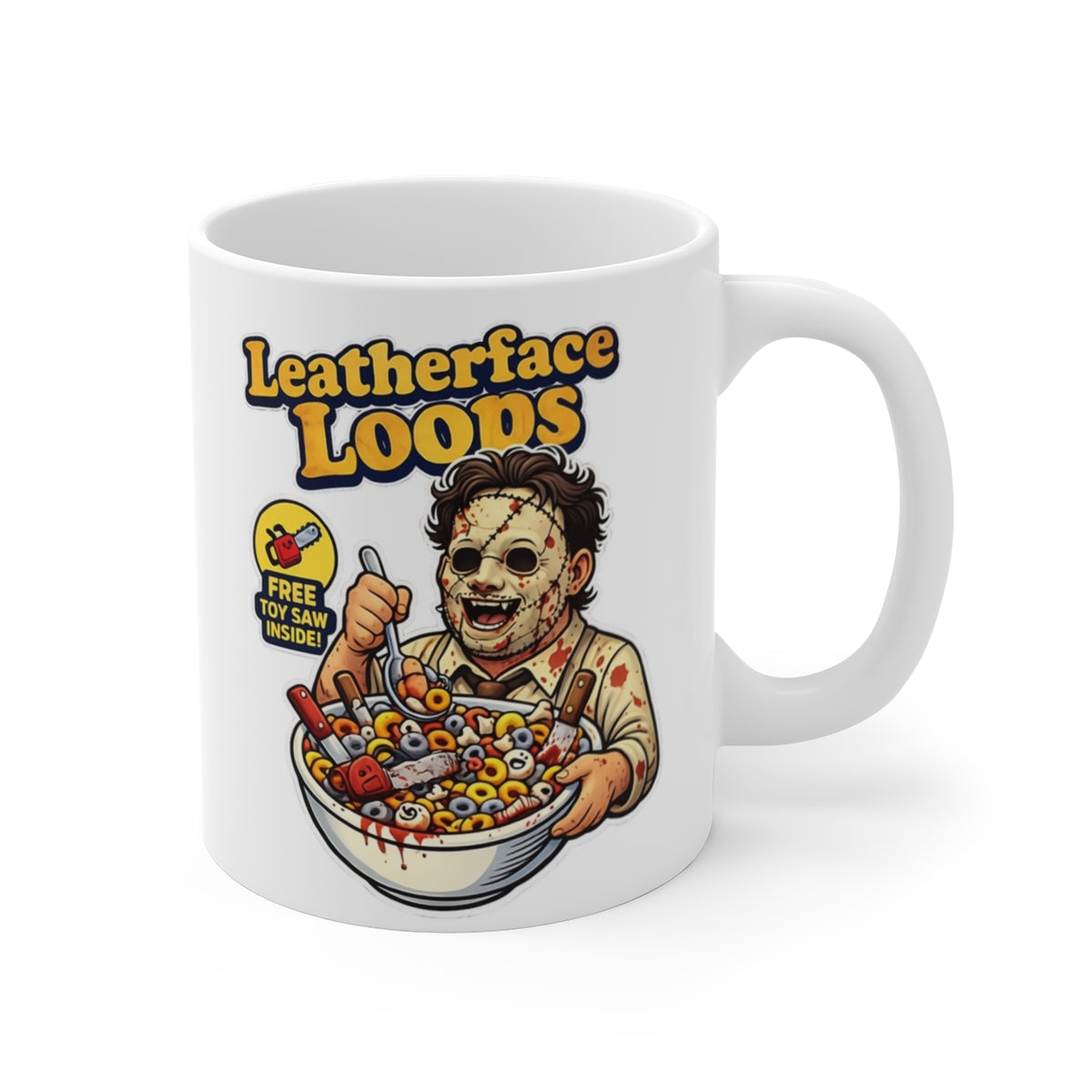Leatherface Loops Horror Parody Mug – Funny Slasher Cereal Coffee Cup – Halloween Novelty Ceramic Mug Gift