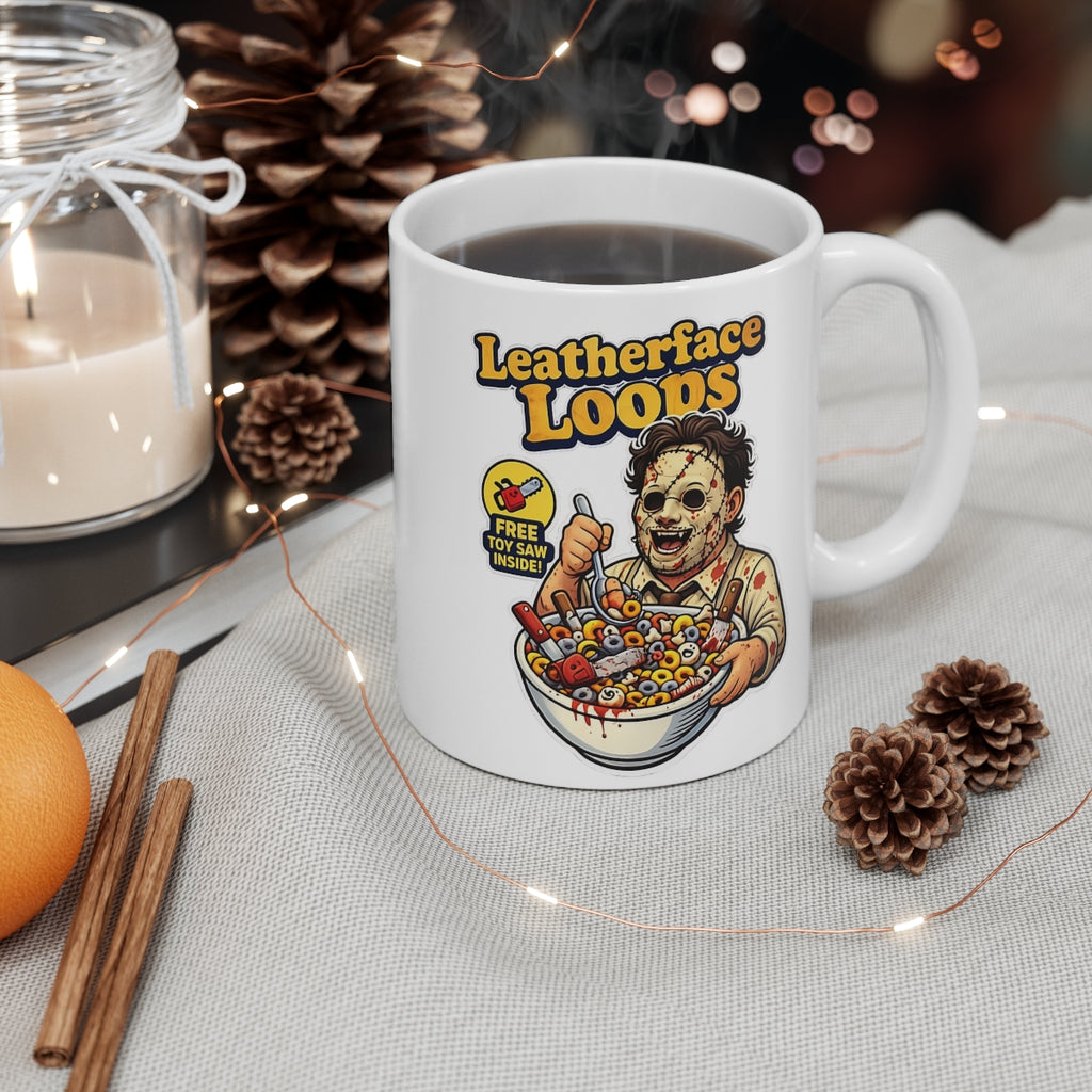 Leatherface Loops Horror Parody Mug – Funny Slasher Cereal Coffee Cup – Halloween Novelty Ceramic Mug Gift