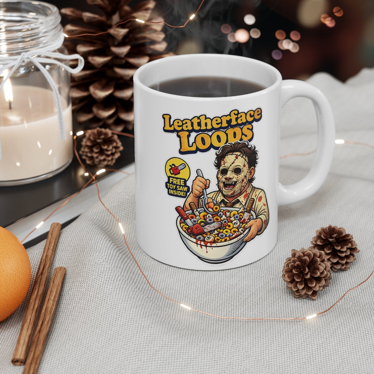 Leatherface Loops Horror Parody Mug – Funny Slasher Cereal Coffee Cup – Halloween Novelty Ceramic Mug Gift