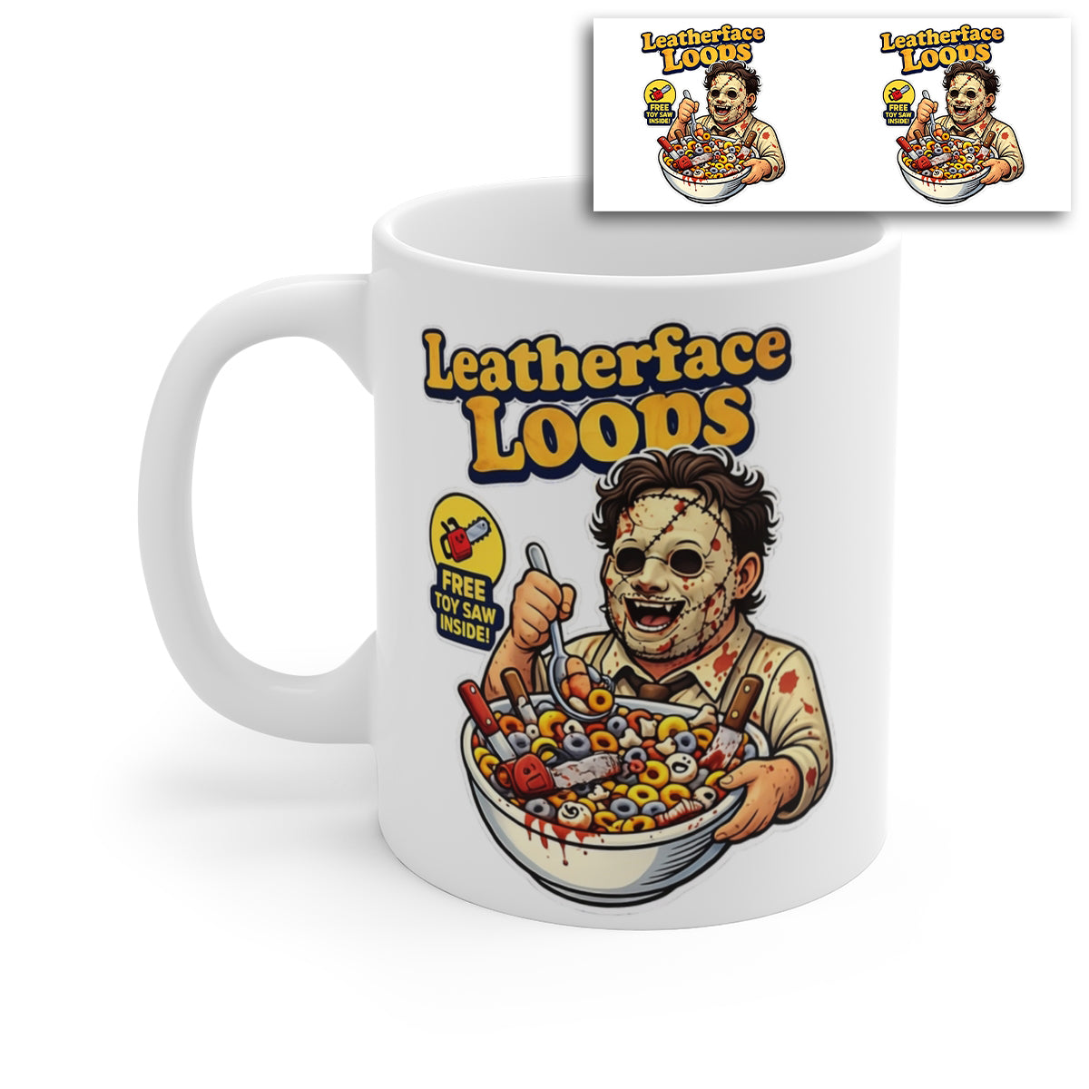 Leatherface Loops Horror Parody Mug – Funny Slasher Cereal Coffee Cup – Halloween Novelty Ceramic Mug Gift