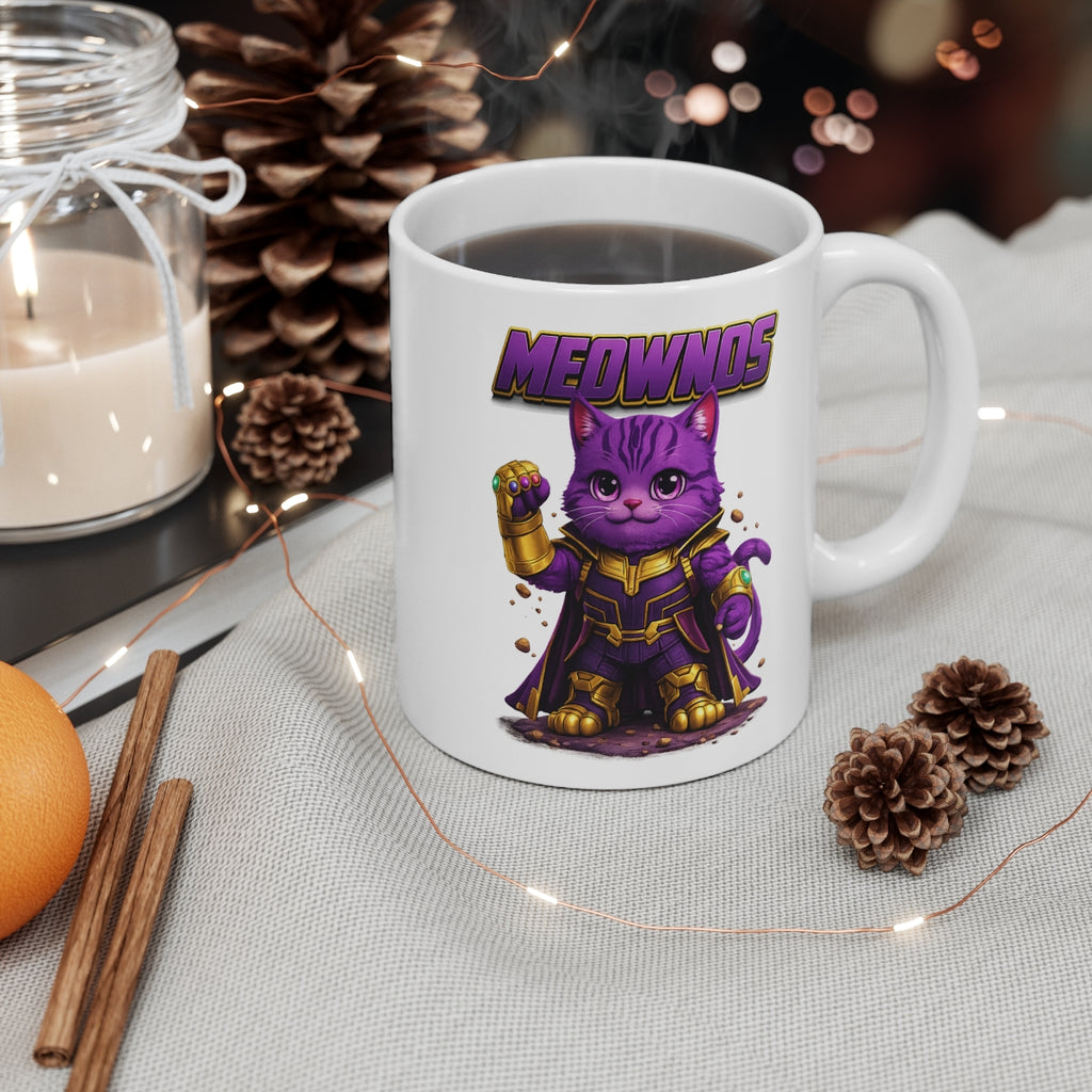 Meownos Superhero Cat Mug – Purple Power Kitten Coffee Cup – Funny Gift for Cat Lovers