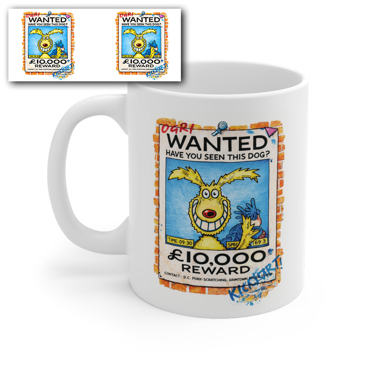Ogri Wanted Dog Mug – £10,000 Reward Cartoon Dog Poster Coffee Mug, Funny Novelty Tea Cup Gift