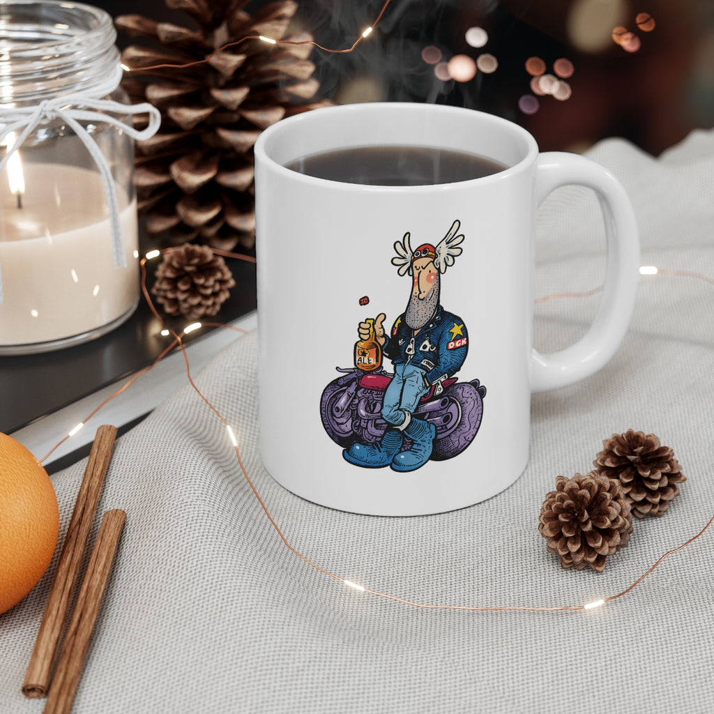 Funny Biker Cartoon Mug – Retro Motorcycle Rider with Ale – Humorous Motorbike Coffee Mug Gift