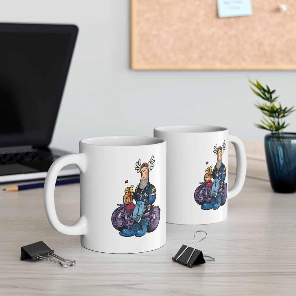 Funny Biker Cartoon Mug – Retro Motorcycle Rider with Ale – Humorous Motorbike Coffee Mug Gift