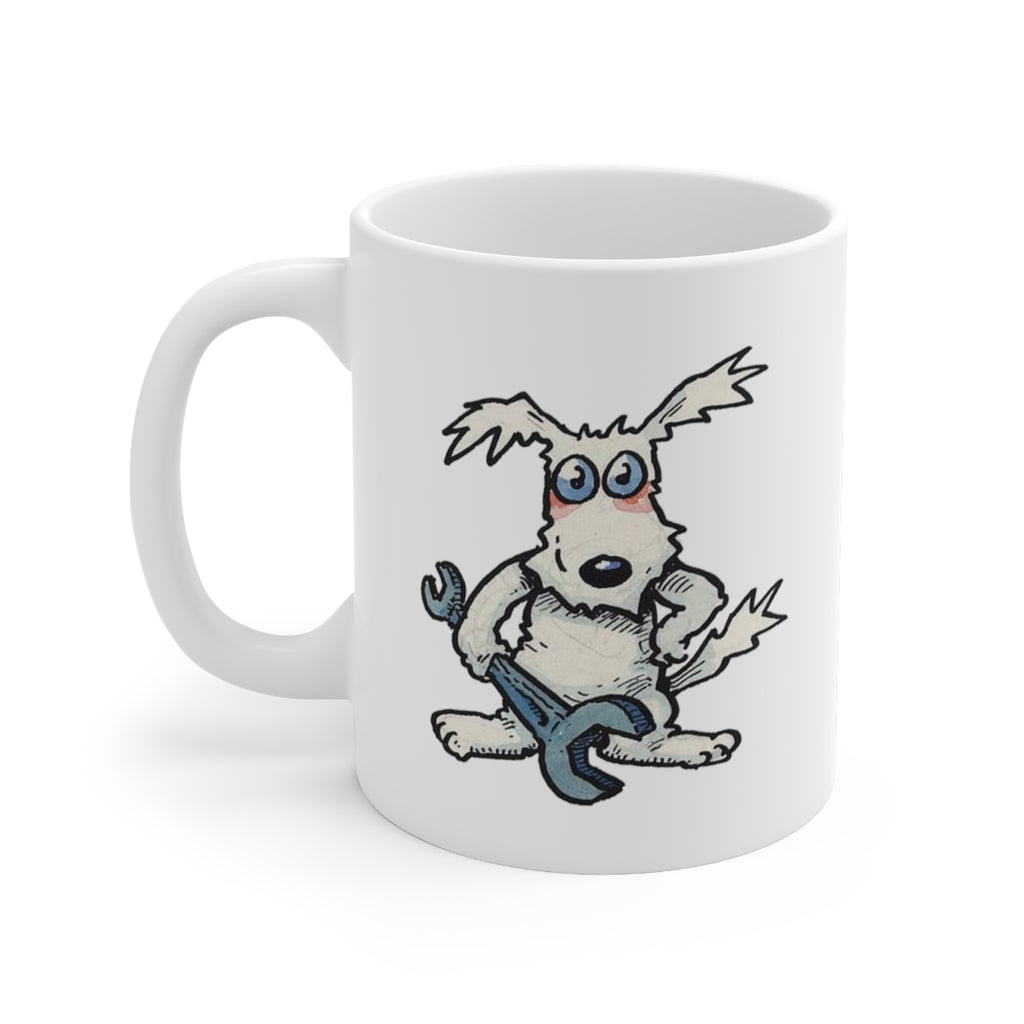 Funny Mechanic Dog Coffee Mug – Cartoon Dog with Spanner Ceramic Mug – Novelty Gift for Mechanics, Engineers & Dog Lovers