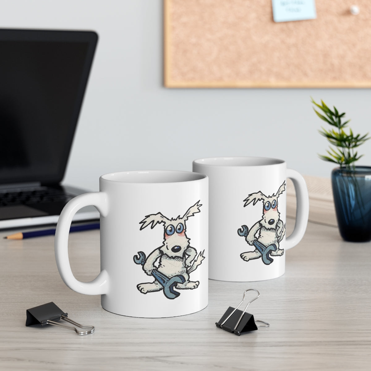 Funny Mechanic Dog Coffee Mug – Cartoon Dog with Spanner Ceramic Mug – Novelty Gift for Mechanics, Engineers & Dog Lovers