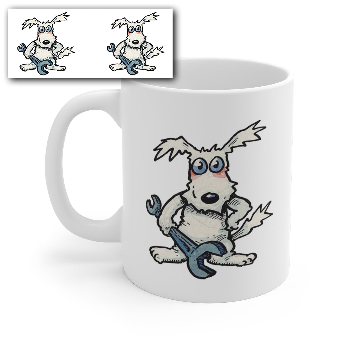 Funny Mechanic Dog Coffee Mug – Cartoon Dog with Spanner Ceramic Mug – Novelty Gift for Mechanics, Engineers & Dog Lovers