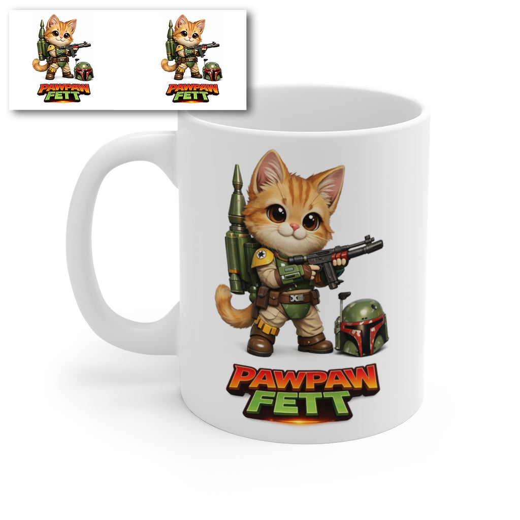 Pawpaw Fett Funny Cat Mug – Cute Space Bounty Hunter Kitten Coffee Cup – Sci-Fi Inspired Novelty Gift for Cat Lovers