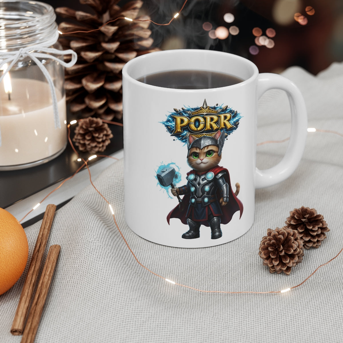 Porr Thunder Cat Mug – Norse Hero Kitten Coffee Cup – Funny Gift for Cat Lovers