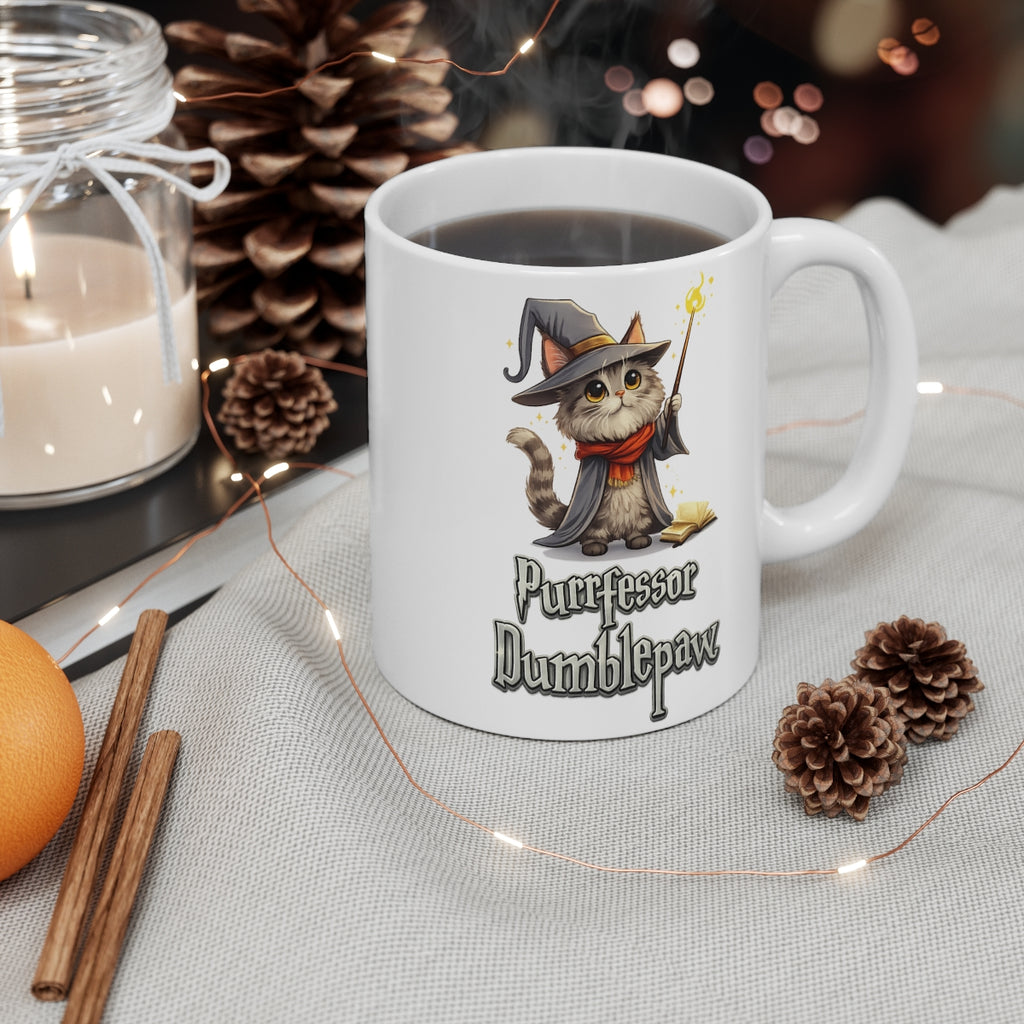 Purrfessor Dumblepaw Cat Wizard Mug – Cute Magical Cat Coffee Cup – Funny Fantasy Kitten Ceramic Mug Gift