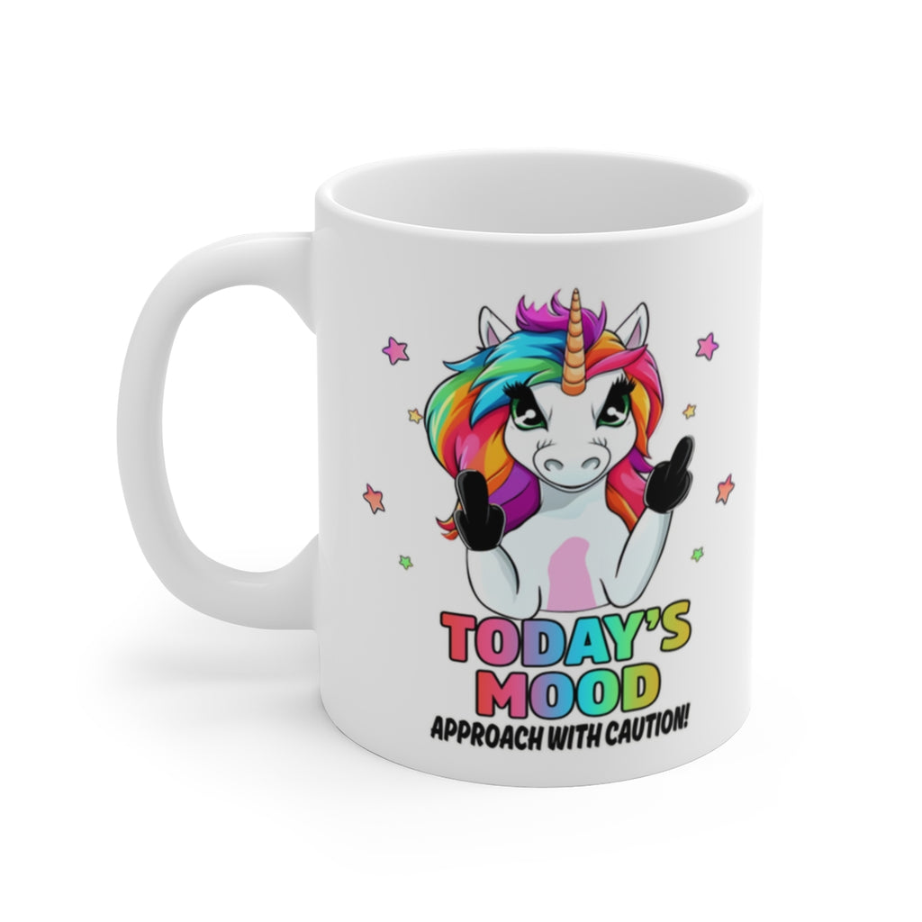Funny Unicorn Mood Mug – “Today’s Mood: Approach With Caution” Rainbow Unicorn Coffee Cup – Sarcastic Novelty Gift