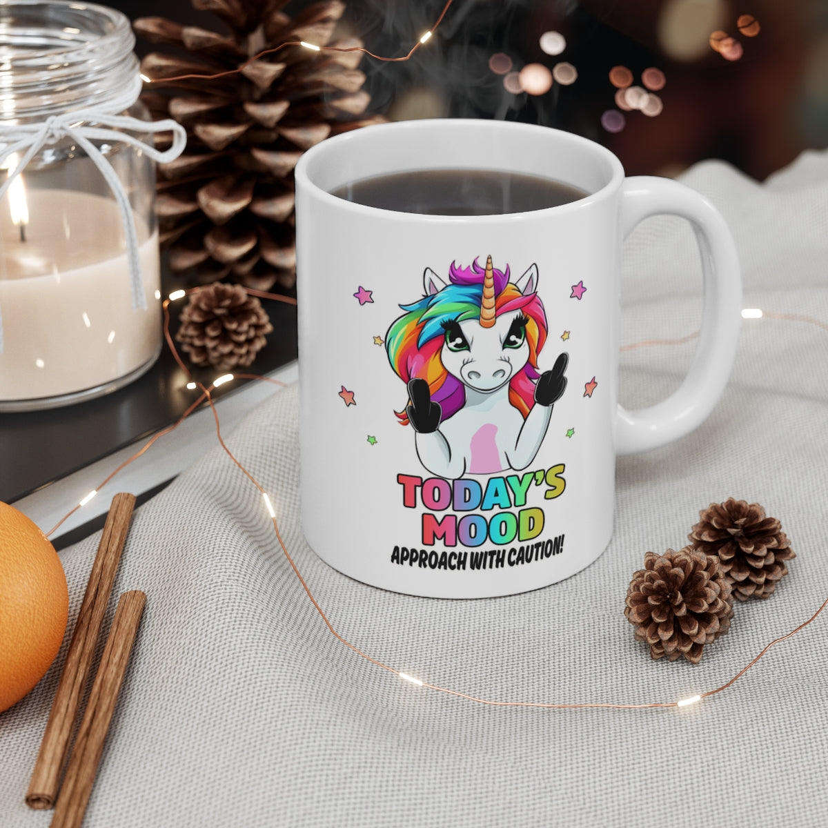 Funny Unicorn Mood Mug – “Today’s Mood: Approach With Caution” Rainbow Unicorn Coffee Cup – Sarcastic Novelty Gift