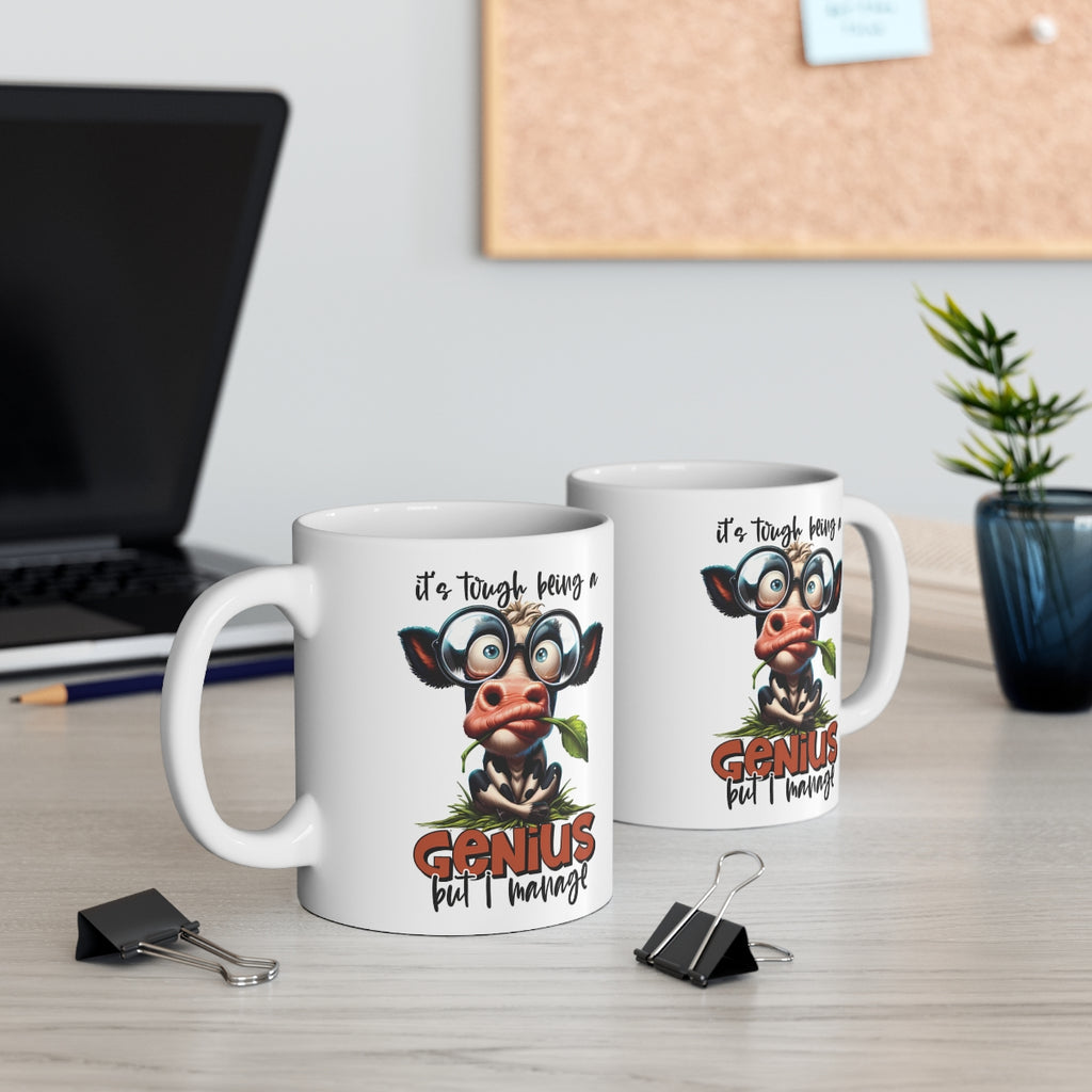 Funny Cow Mug – “It’s Tough Being a Genius but I Manage” – Cute Animal Coffee Cup for Cow Lovers