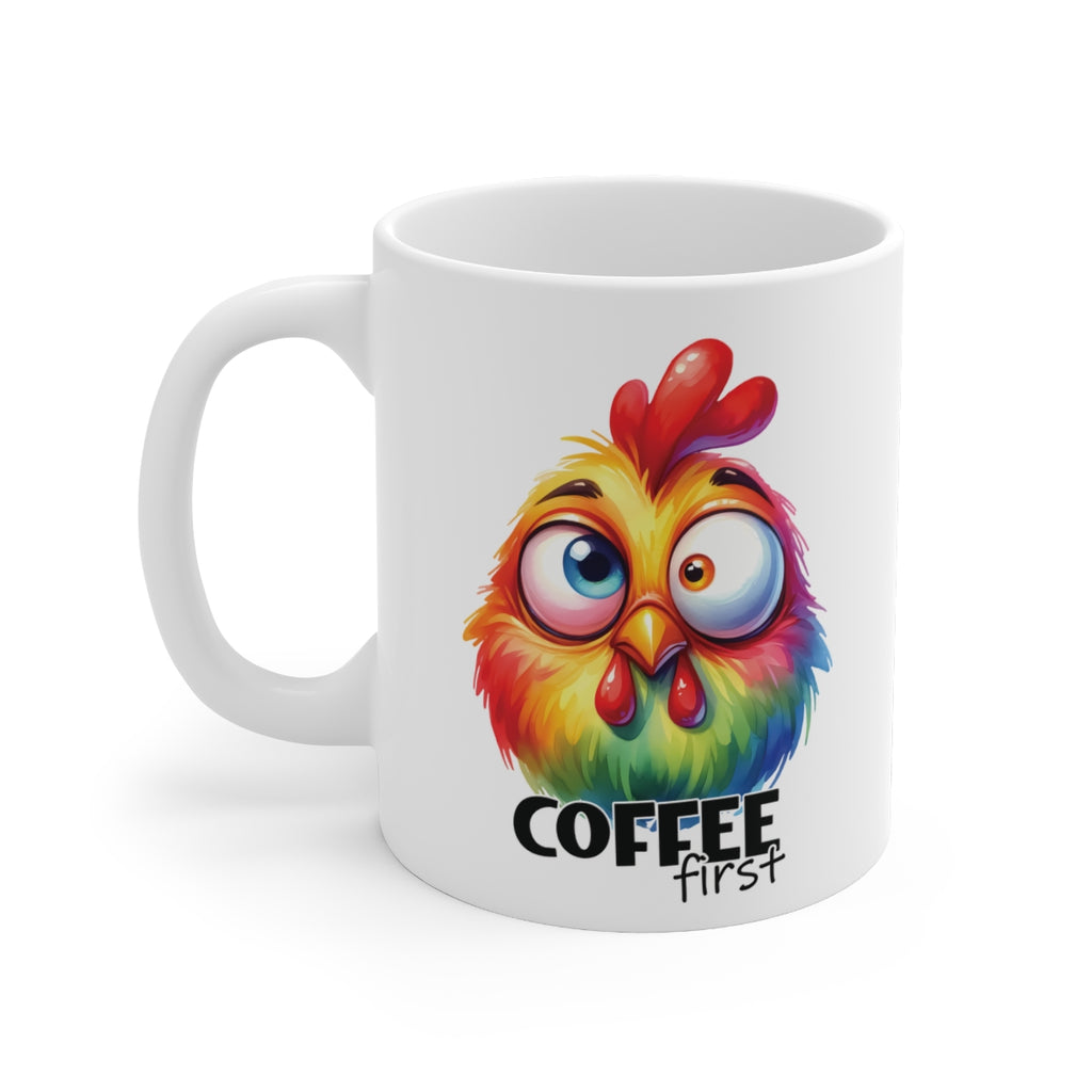 Colourful Funny Chicken Coffee Mug – “Coffee First” Cute Rooster Cup for Morning Coffee Lovers