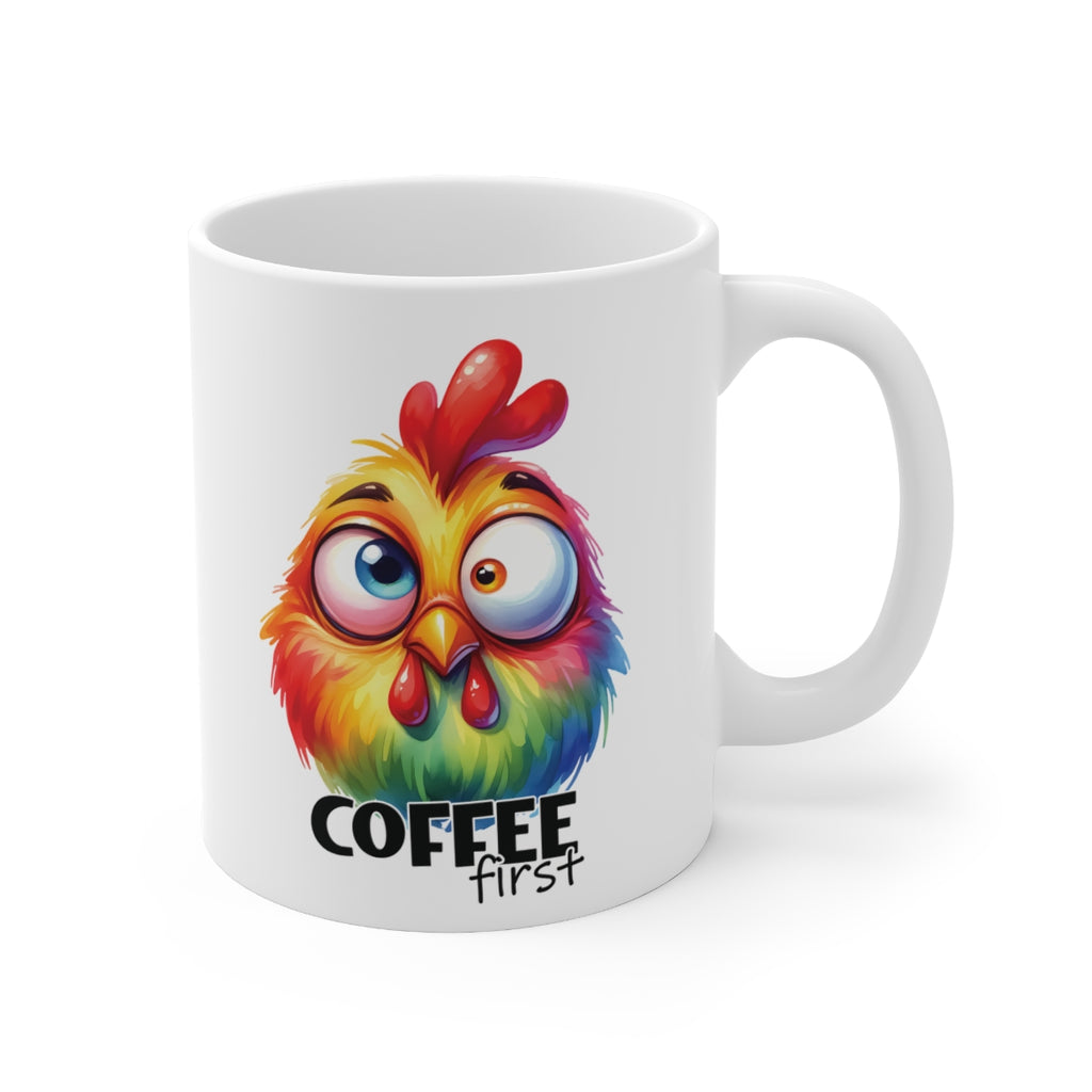 Colourful Funny Chicken Coffee Mug – “Coffee First” Cute Rooster Cup for Morning Coffee Lovers