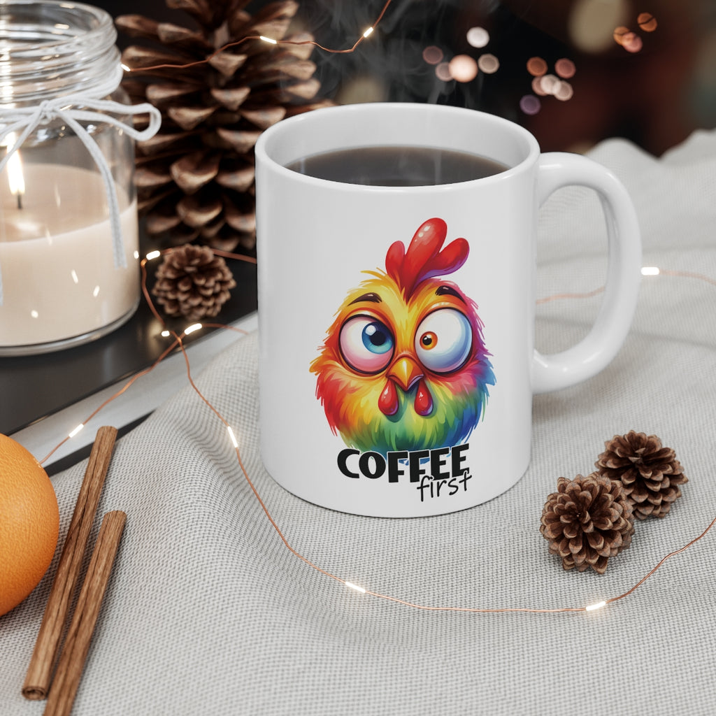 Colourful Funny Chicken Coffee Mug – “Coffee First” Cute Rooster Cup for Morning Coffee Lovers