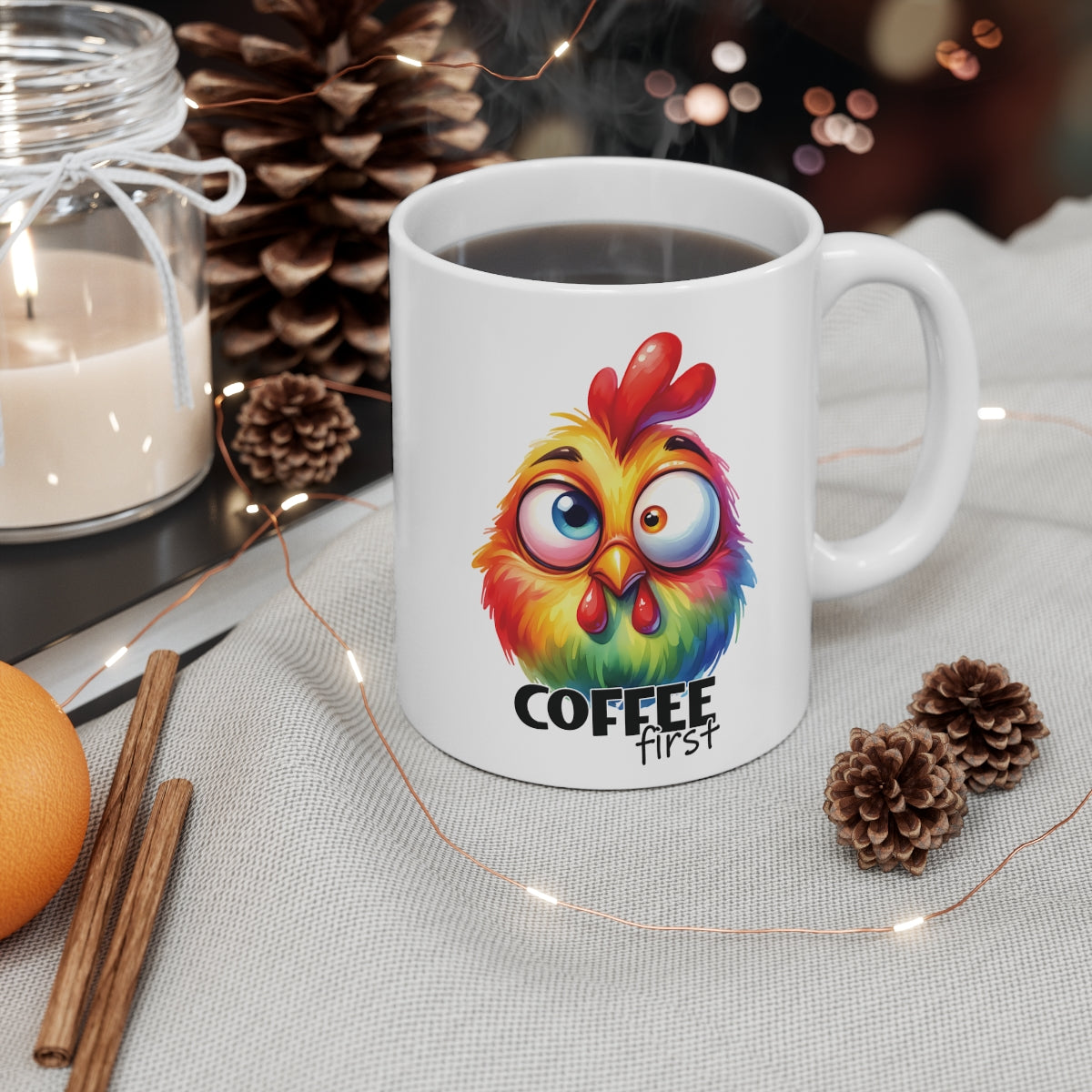 Colourful Funny Chicken Coffee Mug – “Coffee First” Cute Rooster Cup for Morning Coffee Lovers