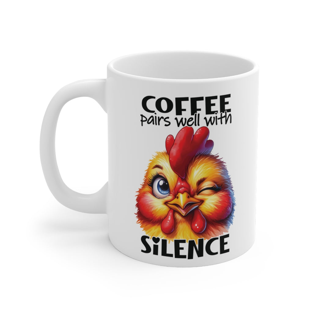 Funny Chicken Coffee Mug | “Coffee Pairs Well with Silence” Farm Animal Humor Mug for Coffee Lovers