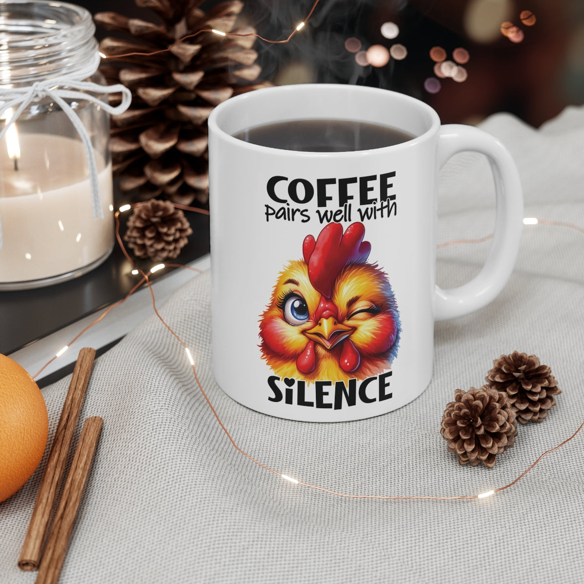 Funny Chicken Coffee Mug | “Coffee Pairs Well with Silence” Farm Animal Humor Mug for Coffee Lovers