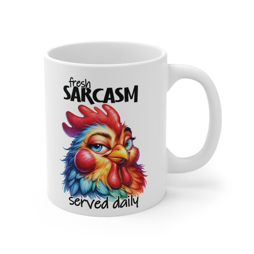 Funny Chicken Mug – “Fresh Sarcasm Served Daily” Coffee Cup | Colourful Rooster Design Gift for Coffee Lovers
