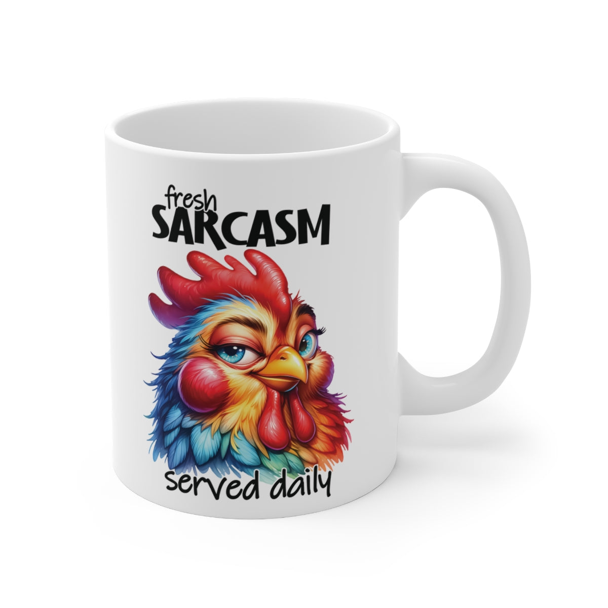 Funny Chicken Mug – “Fresh Sarcasm Served Daily” Coffee Cup | Colourful Rooster Design Gift for Coffee Lovers